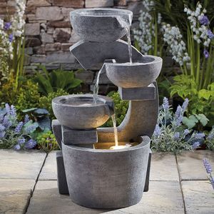 Height 78cm LED Lights Outdoor Serenity Granite-Effect Cascading Bowls Water Feature Self Contained Modern